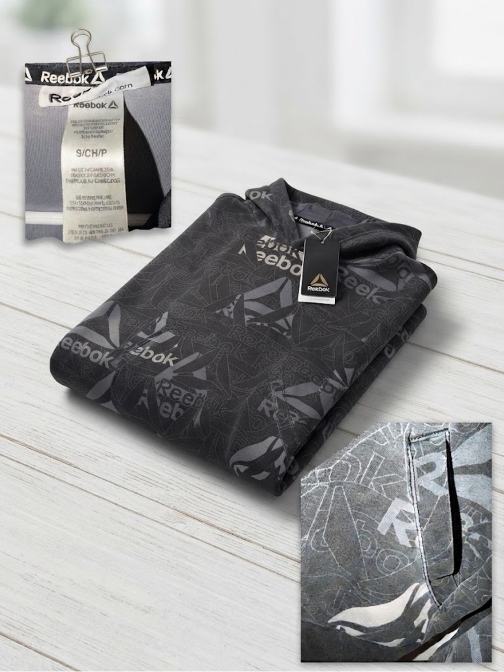 Reebok Black & Gray Logo Print Pullover Hoodie